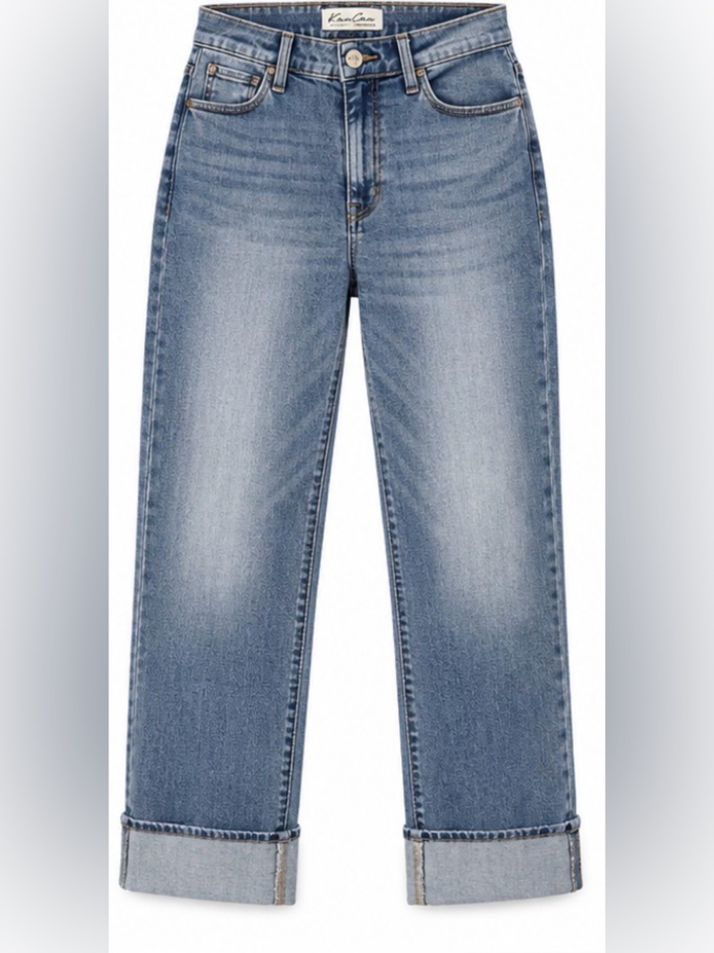 KanCan Size 30 Relaxed Straight Jeans Medium Wash Sewn Cuff Stretch Denim